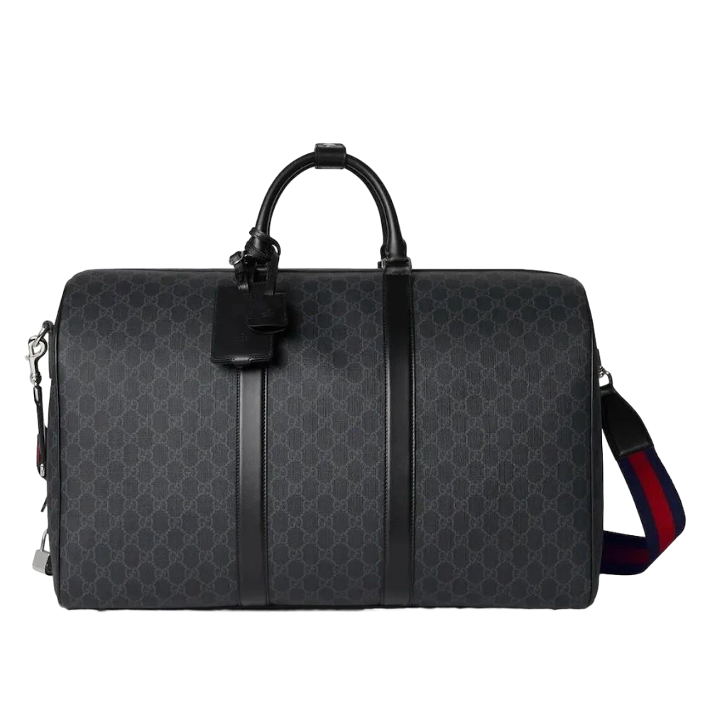 Gucci GG Supreme Black Web Stripe Duffle Travel Bag
