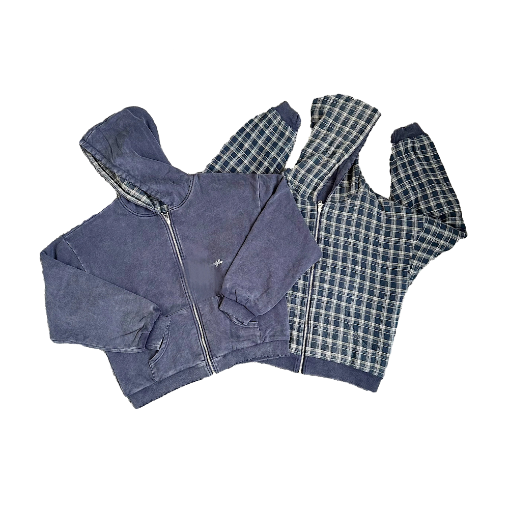 Experiment 5 Reversible Plaid Zip Hoodie / Navy Blue
